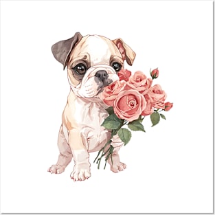 Valentine Bulldog Giving Flowers Posters and Art